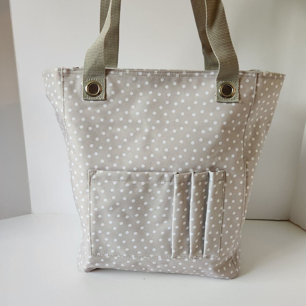 Thirty-One Zip-Top Organizing Tote Taupe Dancing Polka Dot Shoulder Bag Purse
